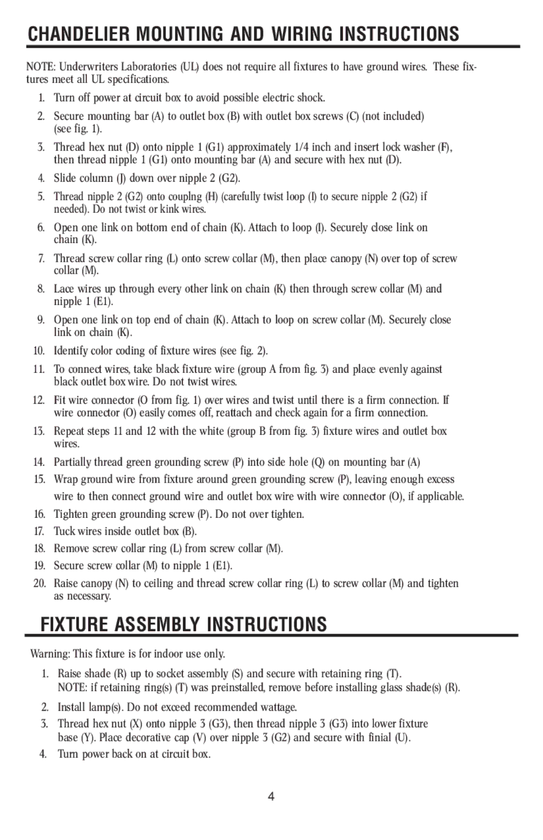 Westinghouse 120112 owner manual Chandelier MOUNTING AND WIRING INSTRUCTIONS, Fixture Assembly Instructions 